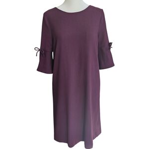 Goat Merlot Red 100% Wool 3/4 Sleeve Shift Dress Quiet Luxury Relaxed Bow Sleeve